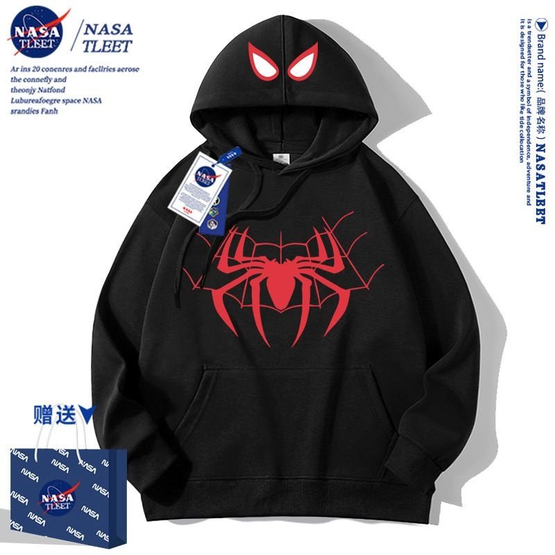 NASA美式复古hiphop蜘蛛侠连帽卫衣男女生秋冬季宽松纯棉情侣外套