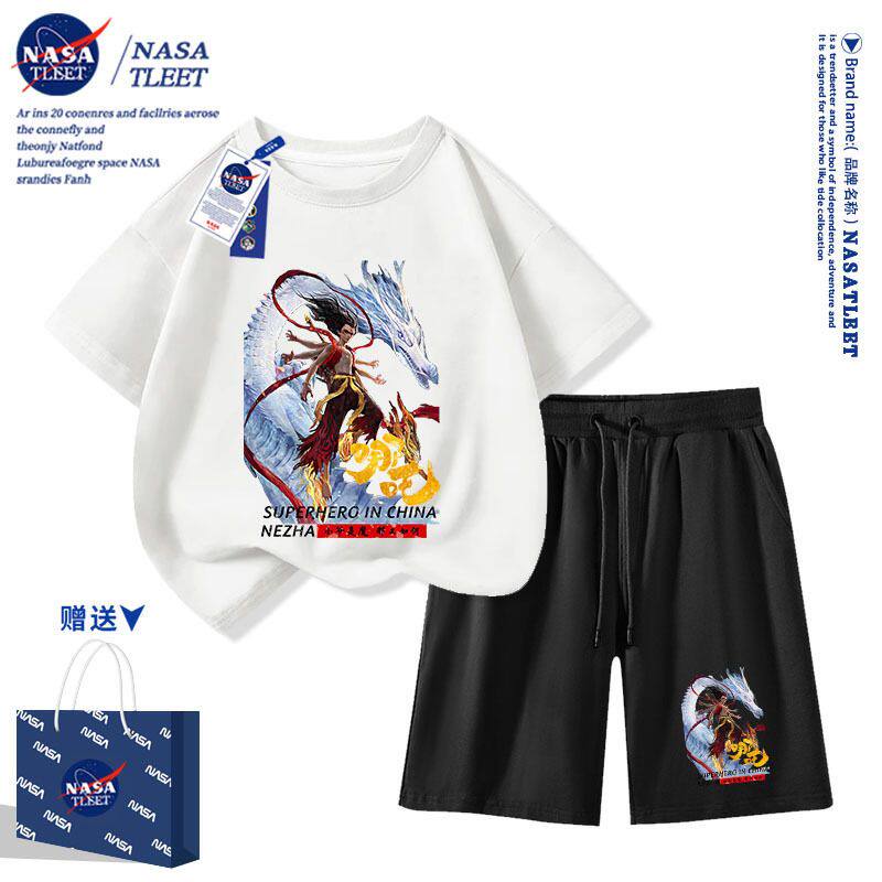 NASA联名卡通哪吒短袖t恤男女新款痞帅纯棉半袖短裤套装潮童上衣