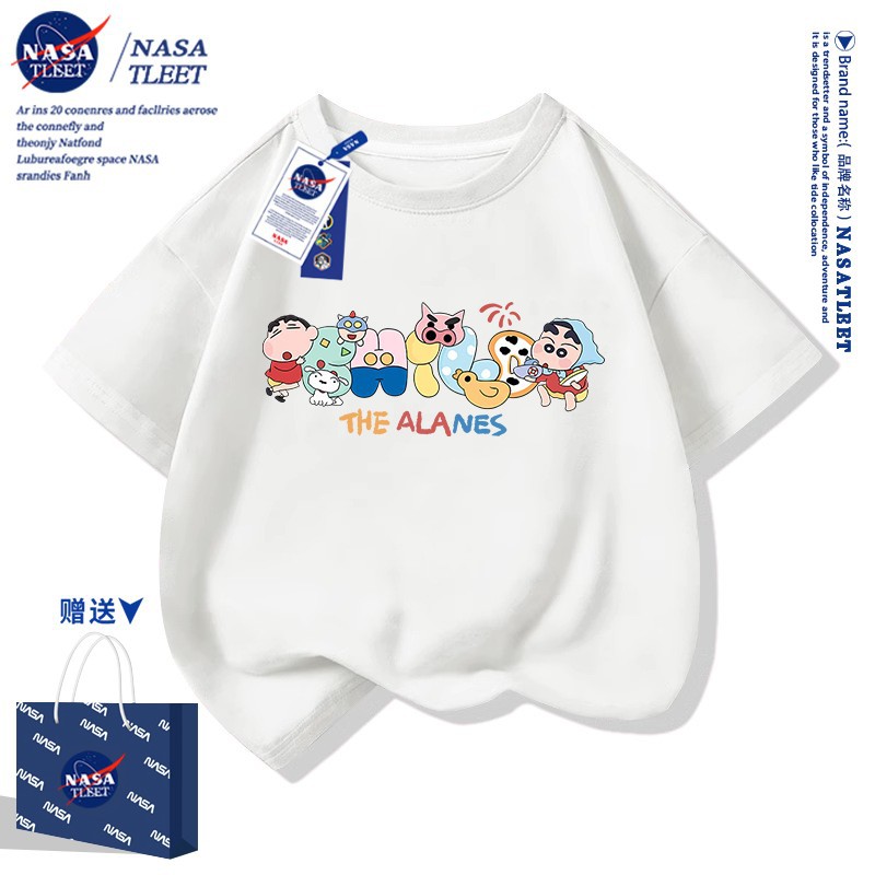 NASA联名夏季男女童装百搭圆领上衣新款卡通动漫蜡笔小新纯棉短袖