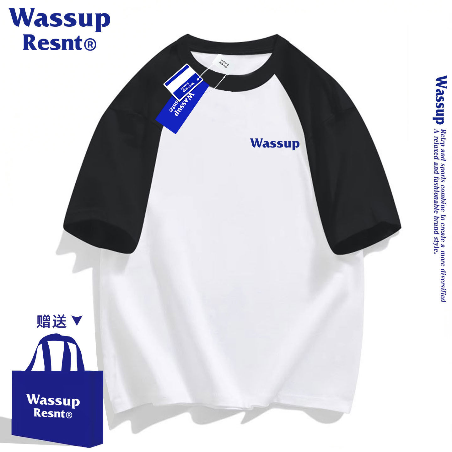 WASSUP RESNT国潮绣花短袖t恤纯棉夏季男女情侣宽松半袖学生上衣
