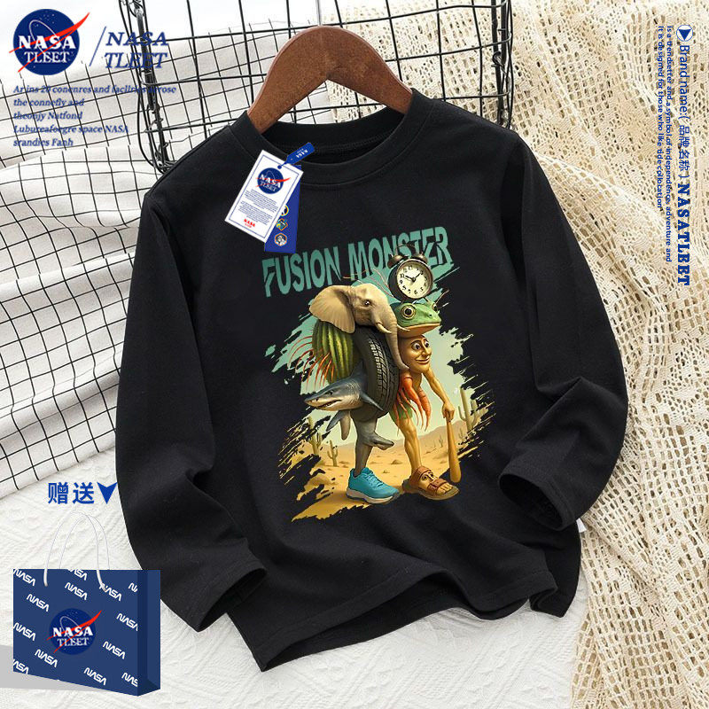 NASA联名潮牌儿童短袖t恤夏季2024新款宽松纯棉男女童白色上衣服