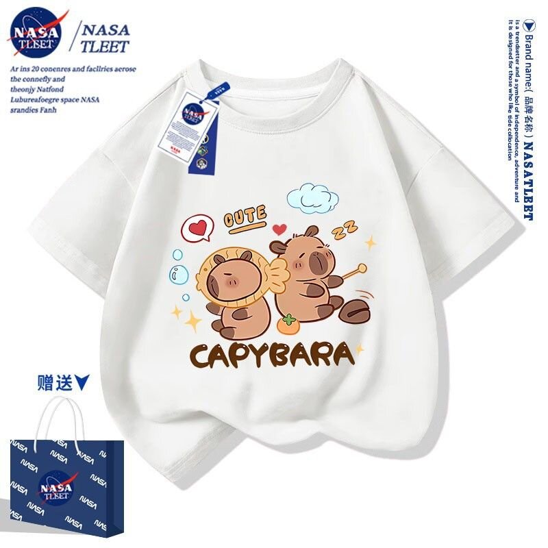 NASA卡皮巴拉儿童短袖t恤纯棉2025新款女童半袖中大童装男童夏装