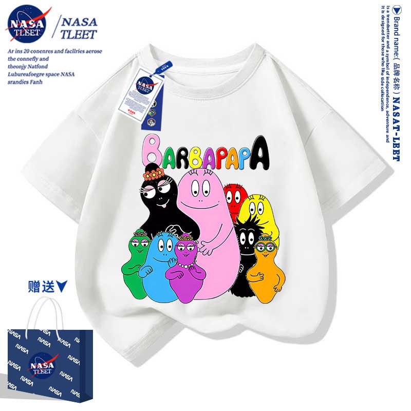 NASA联名动漫卡通巴巴爸爸印花男女儿童短袖t恤学生夏装上衣服新