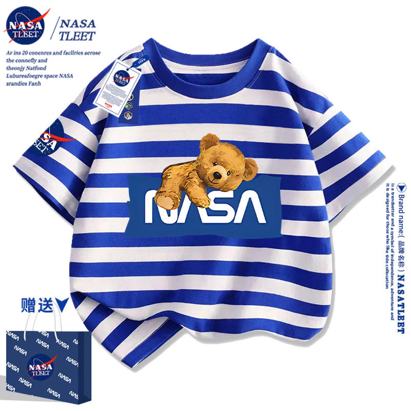 NASA联名男女童装纯棉短袖潮牌小熊印花上衣夏季新款百搭打底衫T
