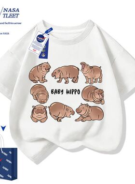NASA联名可爱河马moo deng短袖夏季泰国考丘小矮弹跳猪宽松T恤潮