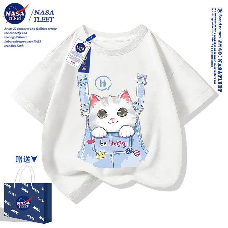 NASA联名可爱猫咪纯棉短袖t恤男女童夏季新款卡通中小童半袖体恤