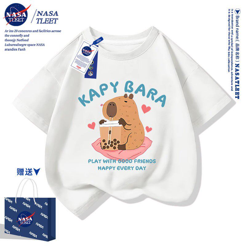 NASA联名卡皮巴拉纯棉圆领短袖新款中小学生卡通印花洋气打底衫潮