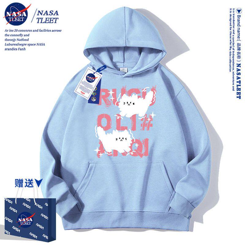 NASA猫咪黑色连帽卫衣女春秋2025新款潮流设计感秋冬宽松百搭外套