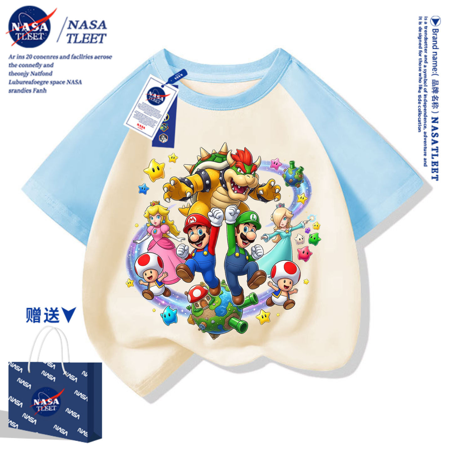 NASA短袖t恤新款夏季卡通马里奥可爱男女小中儿童亲子装上衣休闲