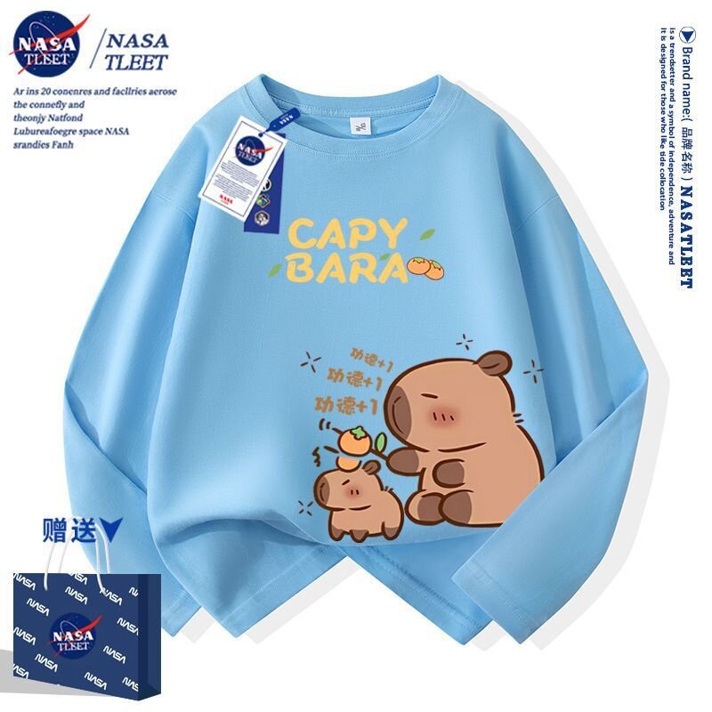 NASA卡皮巴拉儿童长袖t恤2025新款中大童装女童打底上衣男童秋装