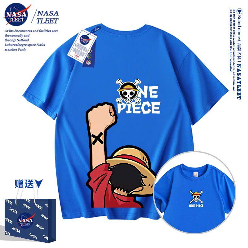 NASA联名夏季男女童百搭短袖新款卡通动漫海贼王握拳路飞印花潮T