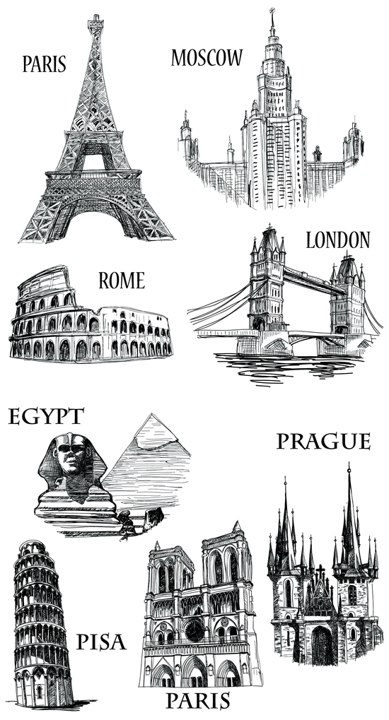 世界著名旅游景点素描 手绘线描建筑物 铁塔 eps格式矢量设计素材