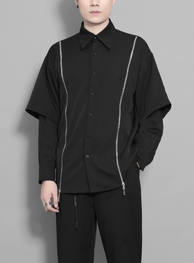 原创男装暗黑系港风个性拉链拼接黑色休闲假两件衬衫男士秋季衬衣