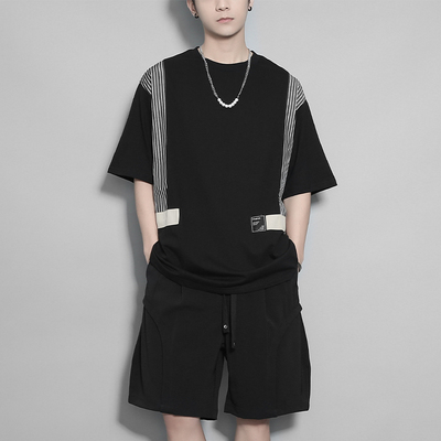 复古条纹撞色拼接设计感短袖t恤