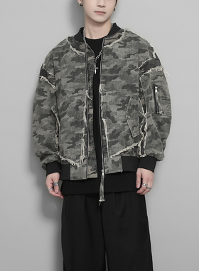 原创秋冬季美式港风复古重工不规则毛边拼接设计感痞帅夹克外套男