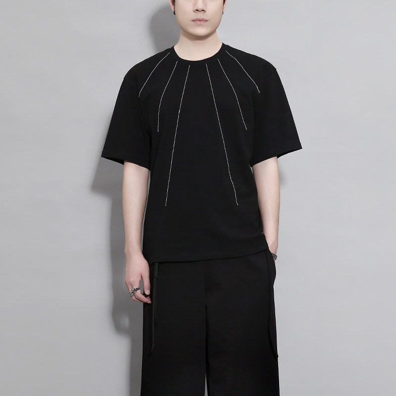 原创男装夏季暗黑系港风个性不规则线条体恤短袖t恤男设计感小众