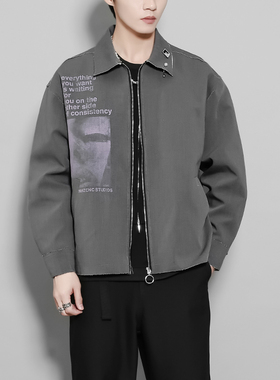 潮男秋装原创日系暗黑港风复古做旧灰色个性印花休闲夹克外套男士