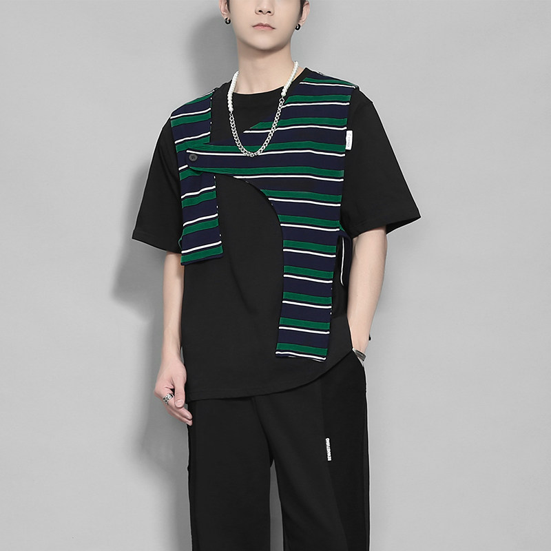 原创潮牌夏季暗黑高街头港风个性条纹马甲装饰撞色休闲短袖t恤男