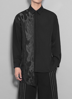原创男装秋季暗黑系不规则网纱拼接修身设计感上衣黑色衬衫男长袖
