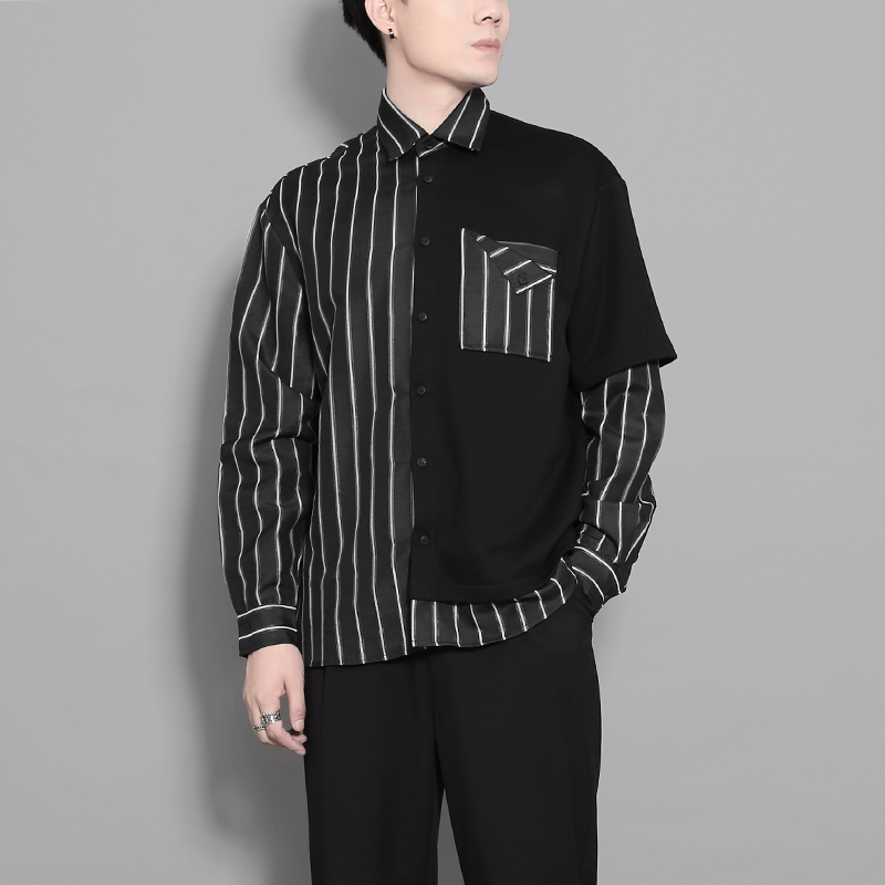 口袋撞色拼接设计感条纹衬衫长袖