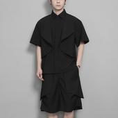 衬衫 潮男原创设计暗黑港风小众解构立体裁剪拼接休闲宽松夏季 短袖