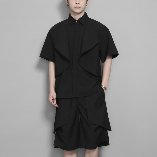 小众解构立体裁剪拼接短袖衬衫男