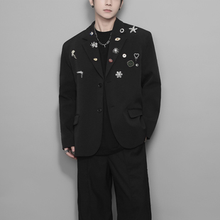 饰痞帅休闲西装 原创男装 潮牌趣味抽象图案徽章装 美式 外套男 秋冬季