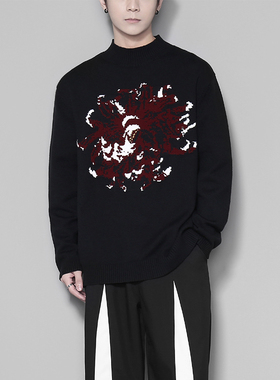 潮男原创秋冬暗黑系港风个性编织植物花卉休闲百搭针织衫毛衣男士