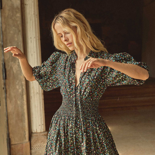 绝版DOEN法式纯棉碎花长袖连衣裙女春夏季2026新款复古A字长裙子