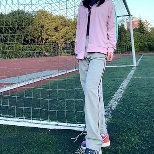 中小学校服裤子酒红一道杠休闲浅灰色ins校服裤子宽松运动裤直筒