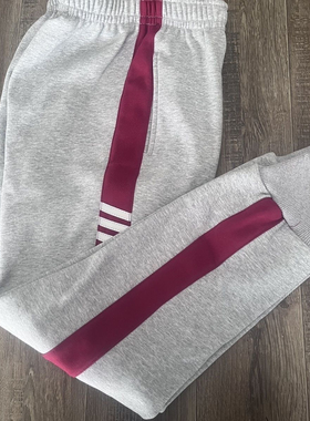 中小学生浅灰色校服裤子束脚裤酒红色中间拼接三反光直筒运动长裤