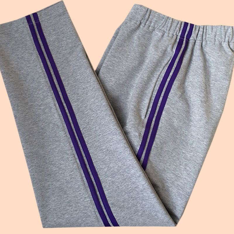 学校同款初高中小学生直筒宽松浅灰色校服裤子两道紫杠休闲运动裤