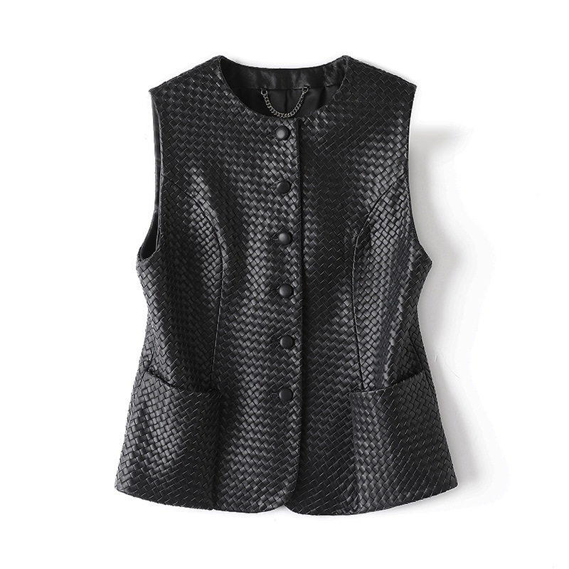 普洛克正品皮衣春秋新款时尚手工编织羊皮复古休闲马甲外修身背心