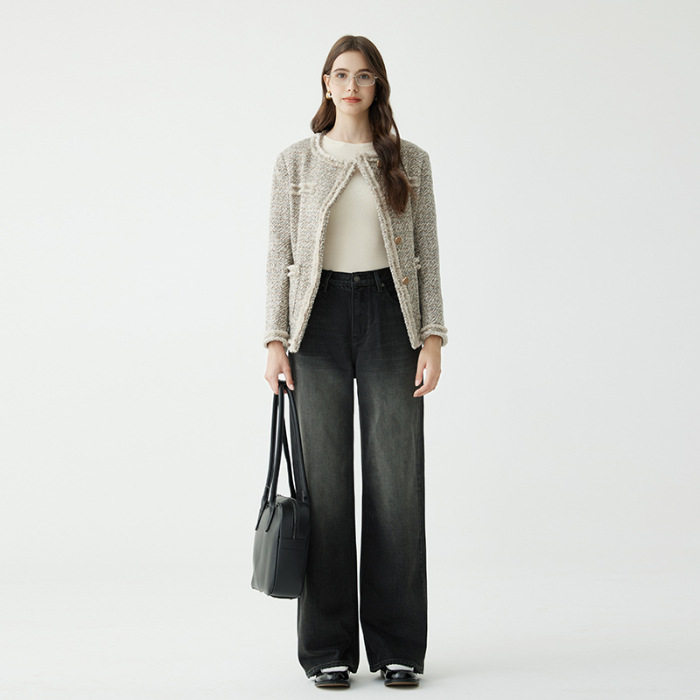 普洛克正品&高端宽松加绒牛仔裤秋冬女士高腰拖地裤窄版直筒阔腿