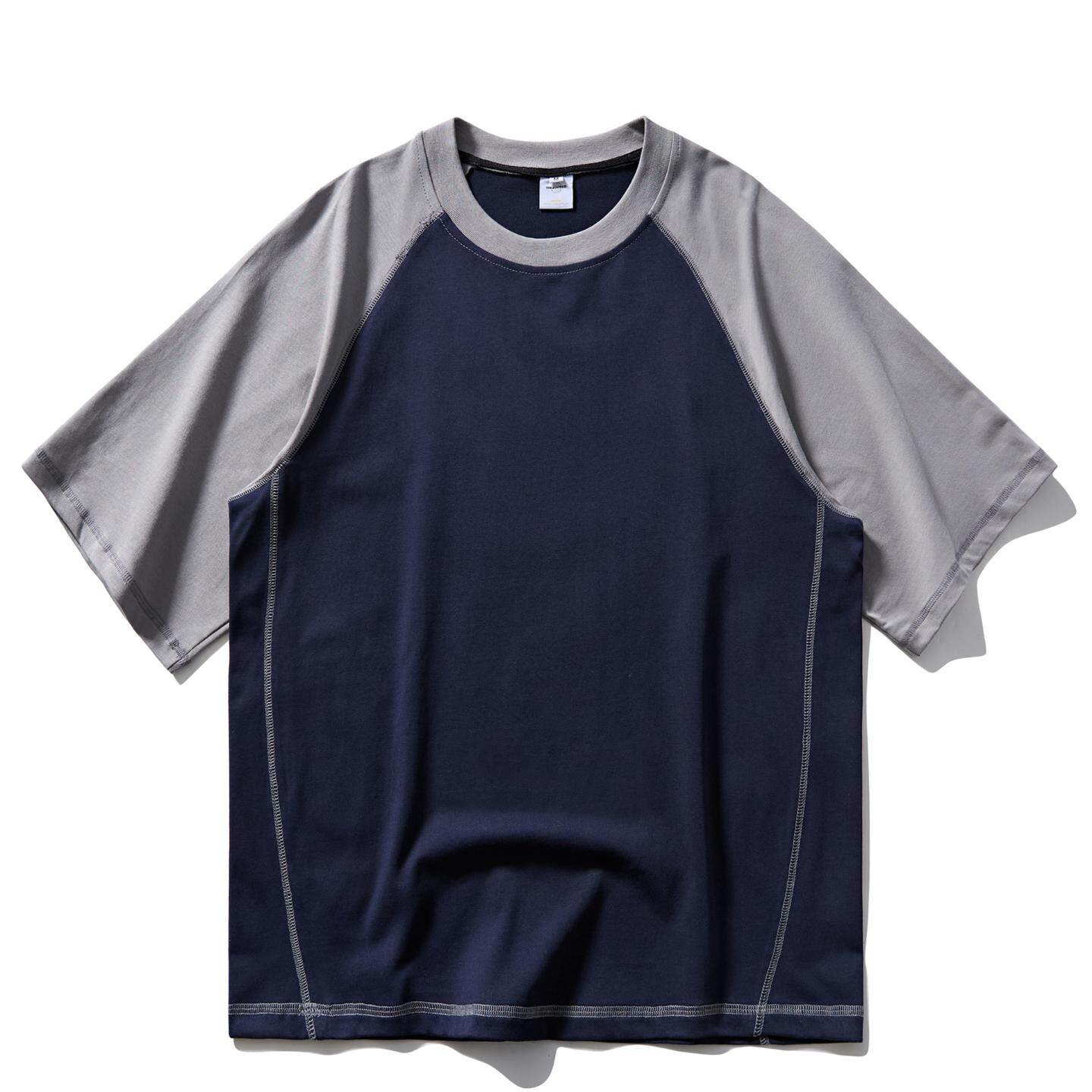 年夏季美式复古插肩袖拼色短袖恤男女宽松半袖体恤衫情侣