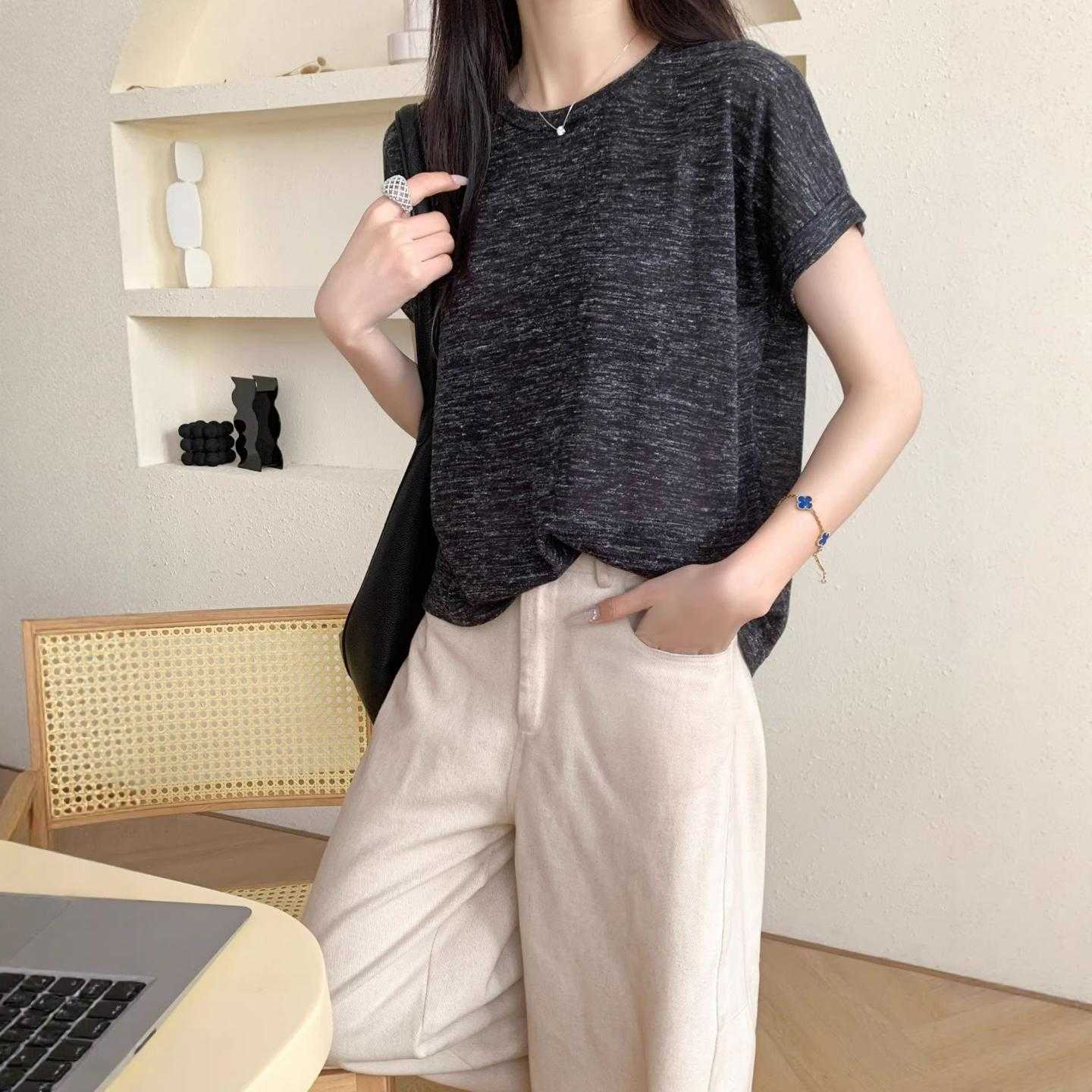 【普洛克】新款彩麻宽松圆领短袖