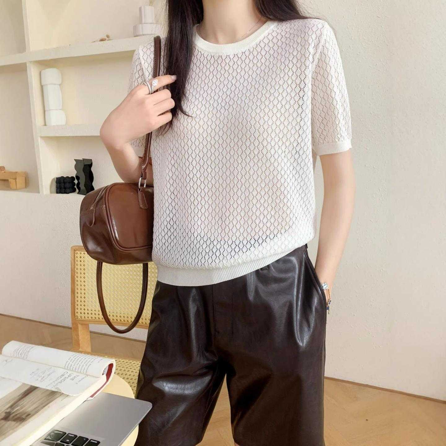 普洛克新款 天丝麻针织衫短袖t恤女圆领夏半袖套头打底时尚镂空上