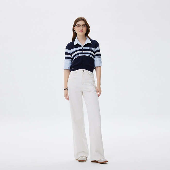 普洛克正品&秋季高端牛仔裤女士宽松白色直筒裤知性高腰窄版阔腿