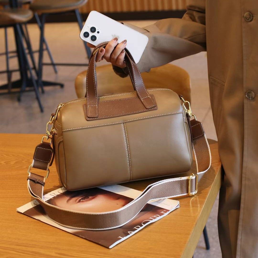 普洛克正品包女新款简约时尚单肩包波士顿手提包牛皮大容量枕头包