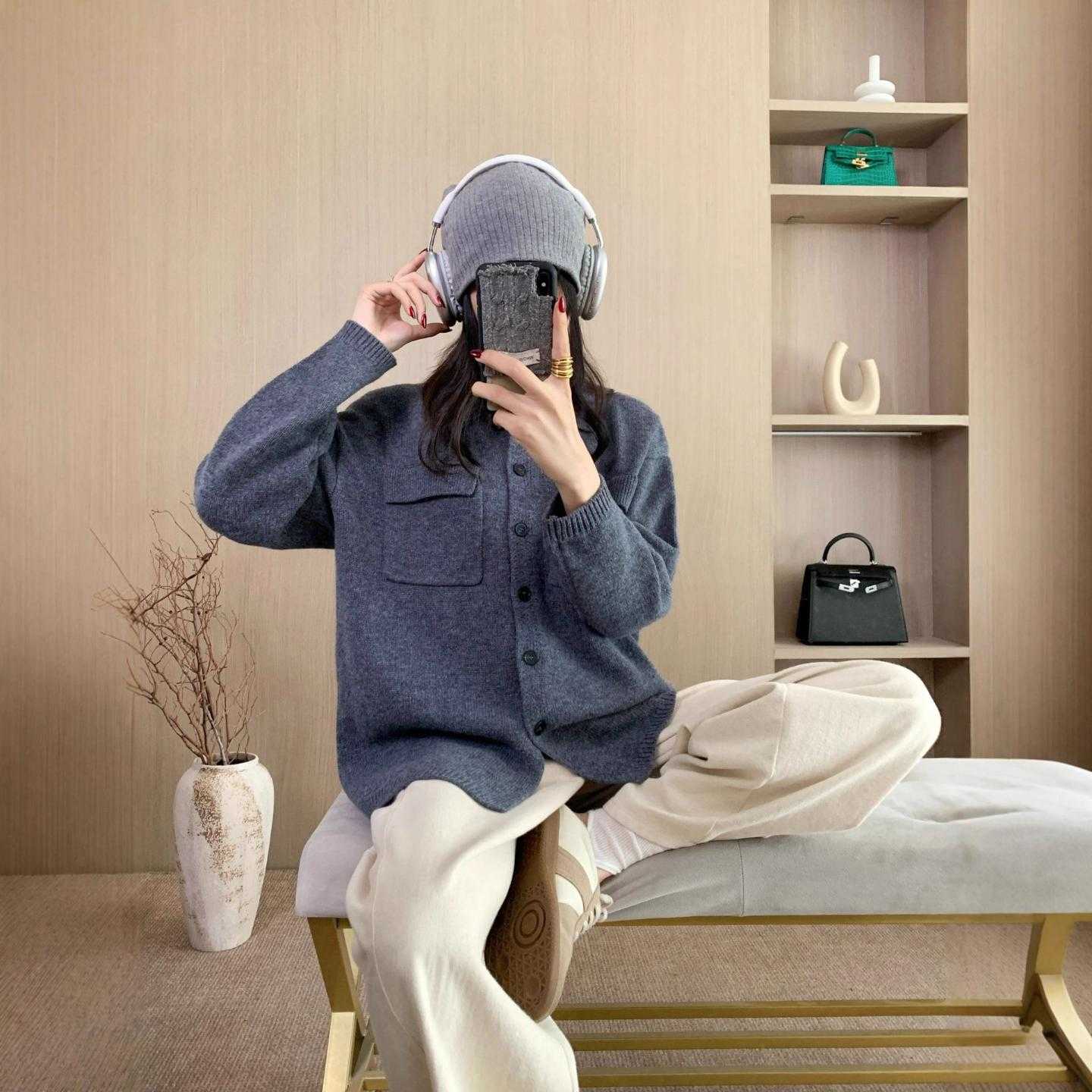 普洛克新款 老钱风工装羊毛开衫外套女中长款毛衣宽松翻领大口袋