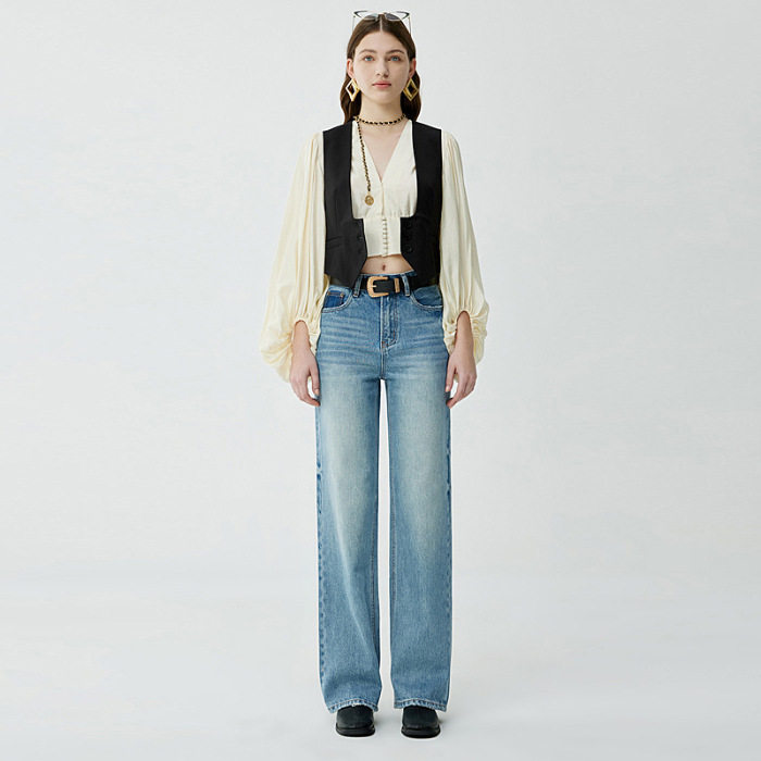 普洛克正品&高端窄版宽松牛仔裤女秋冬女士高腰直筒裤气质阔腿裤