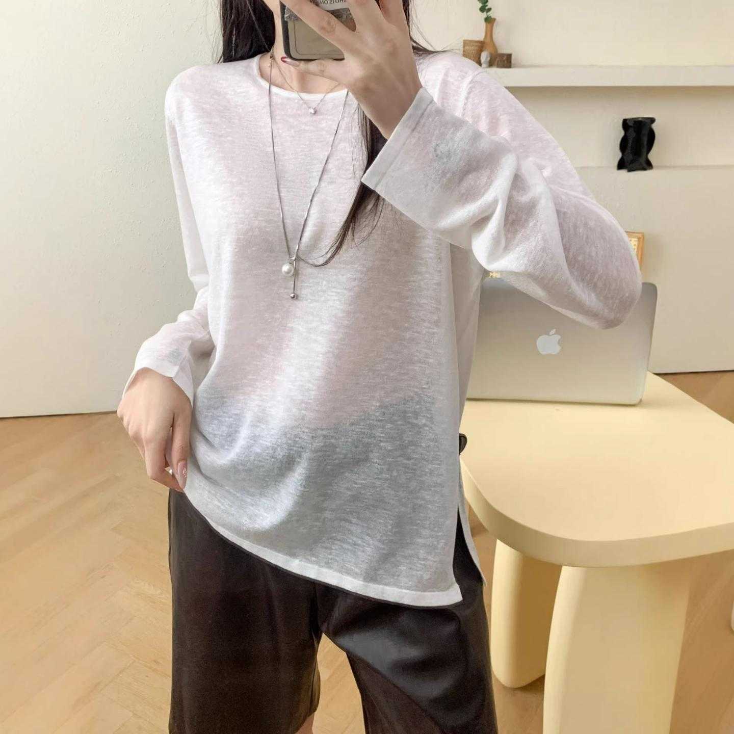 普洛克新款 春夏薄款云朵天丝开叉不规则长袖针织衫女t宽松罩衫百