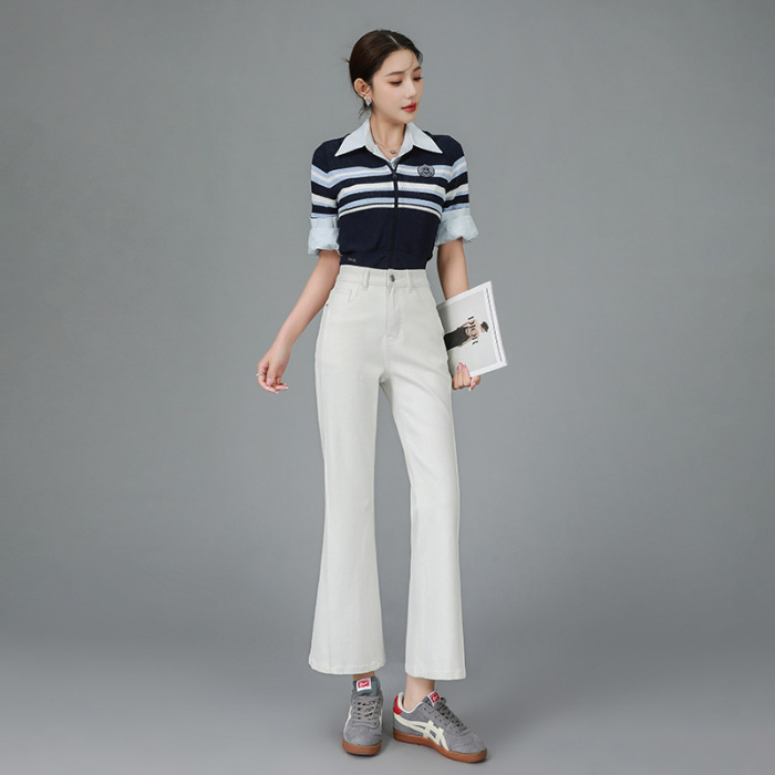 普洛克正品高端牛仔春季白色四面弹高级百搭舒适时尚九分喇叭裤女