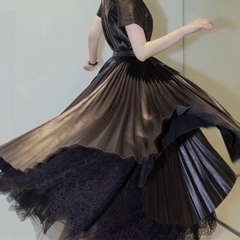 普洛克正品春夏皮裙时尚绵羊皮百褶裙拼接蕾丝过膝长裙半身裙女士