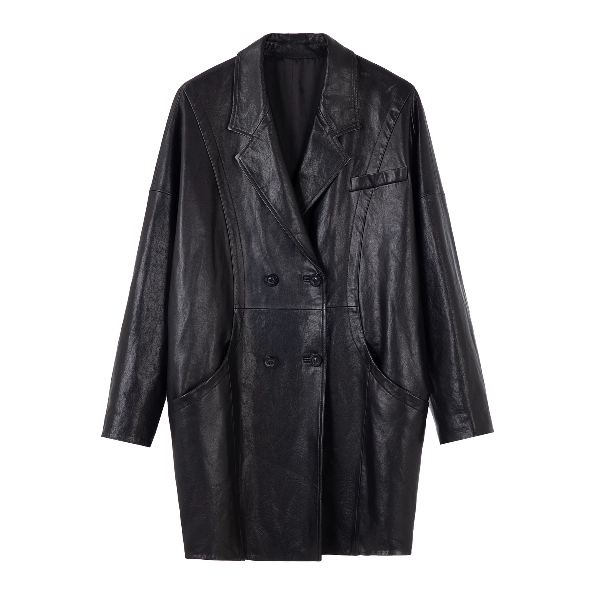 普洛克正品皮衣植鞣羊皮欧美风廓形翻领双排扣茧型中长款风衣外套