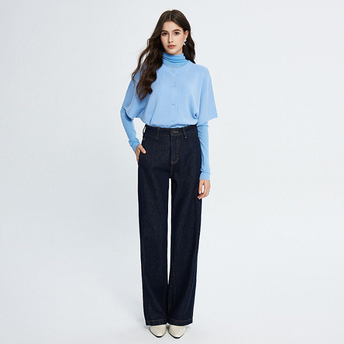 普洛克正品&高端香奈家窄版宽松牛仔裤女秋季高腰直筒原牛色阔腿