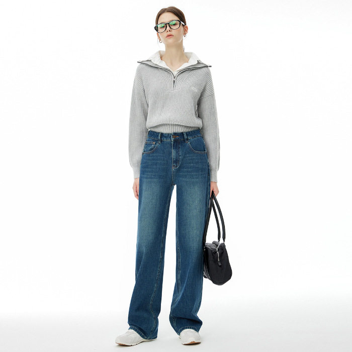 普洛克正品直筒牛仔裤女高腰秋季新款宽松显瘦窄版阔腿拖地裤高级