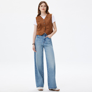 普洛克正品派高端春季弹纯棉牛仔裤女高腰小个子拖地裤磨边阔腿裤