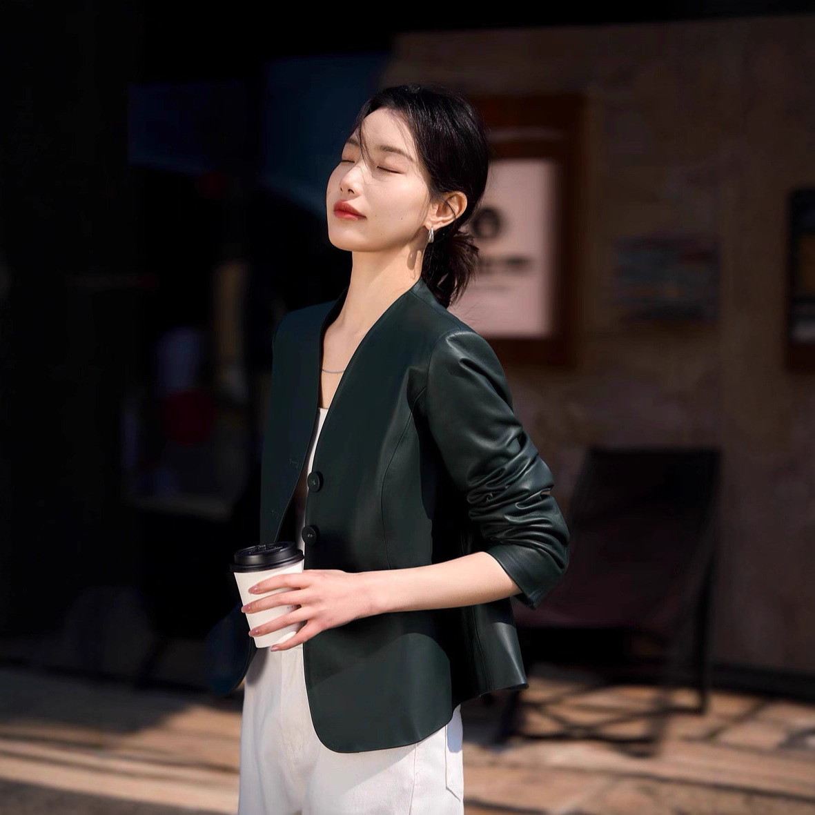 普洛克正品新款高级感真皮绵羊皮小皮衣外套女短款修身皮西装上衣