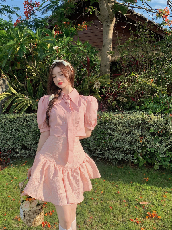 Real price Lapel bubble sleeve women's Tuanfeng short sleeve shirt with tie and puffy skirt women's Tuanfeng short skirt